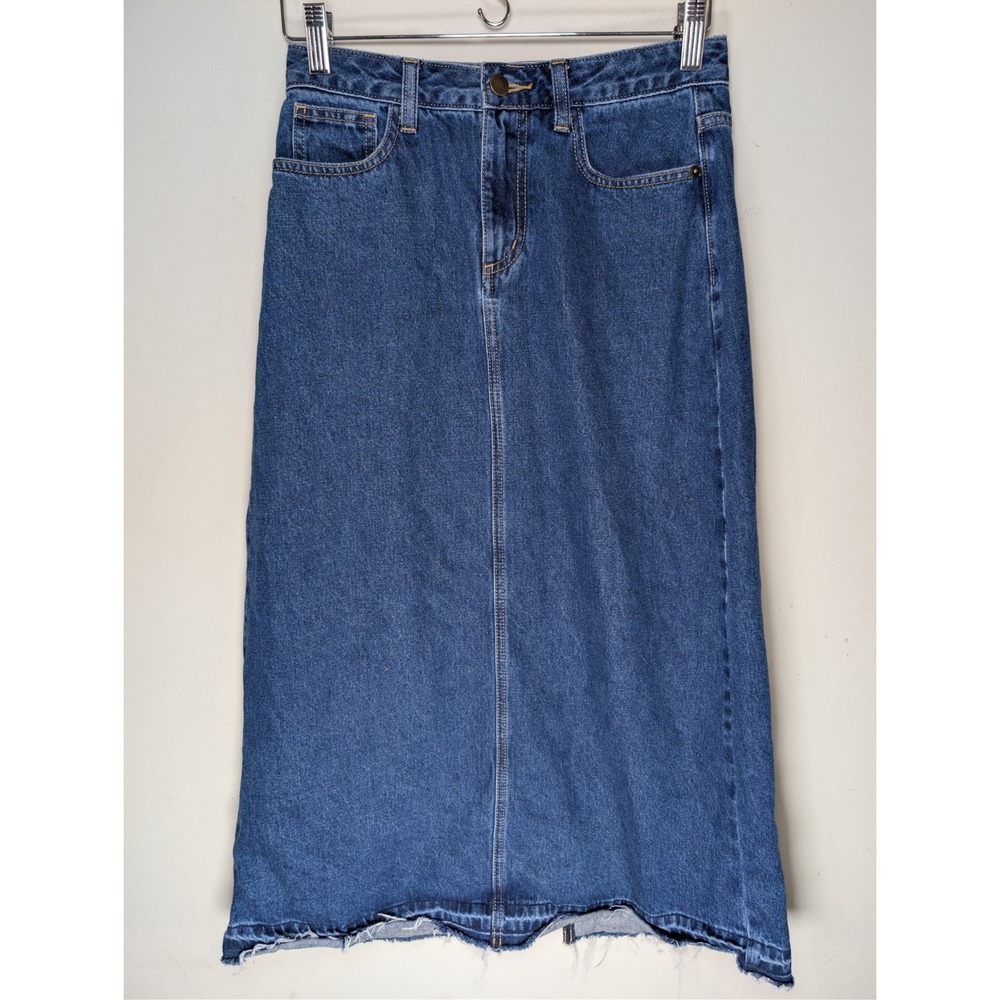 BDG‎ Urban Outfitters Denim Midi Maxi Skirt Womens Small Petite Raw Hem Blue